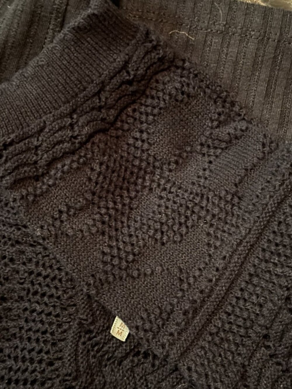 Free People M Black "Colette" Long Sleeve Pointelle Ribbed Crochet Knit Top - Picture 5 of 8